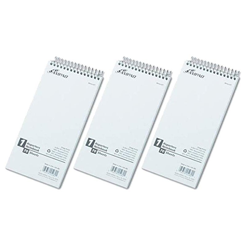 Reporter Spiral Notebook, Gregg Rule, 4 x 8, White, 70 Sheets [Set of 3]